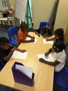 The scholar's are writing using pictures and mock scribbles and letters to tell stories about topic's which they brainstormed in a writing mini lesson. 