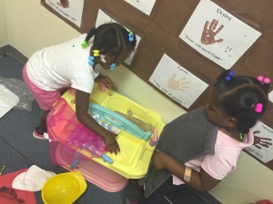 Kaiden and Swayla worked together to give Jack a pretend bath in our bath bath during play-based center time. 